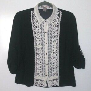 Secretary blouse Black w/ivory lace collared retro Victorian vintage style 60s